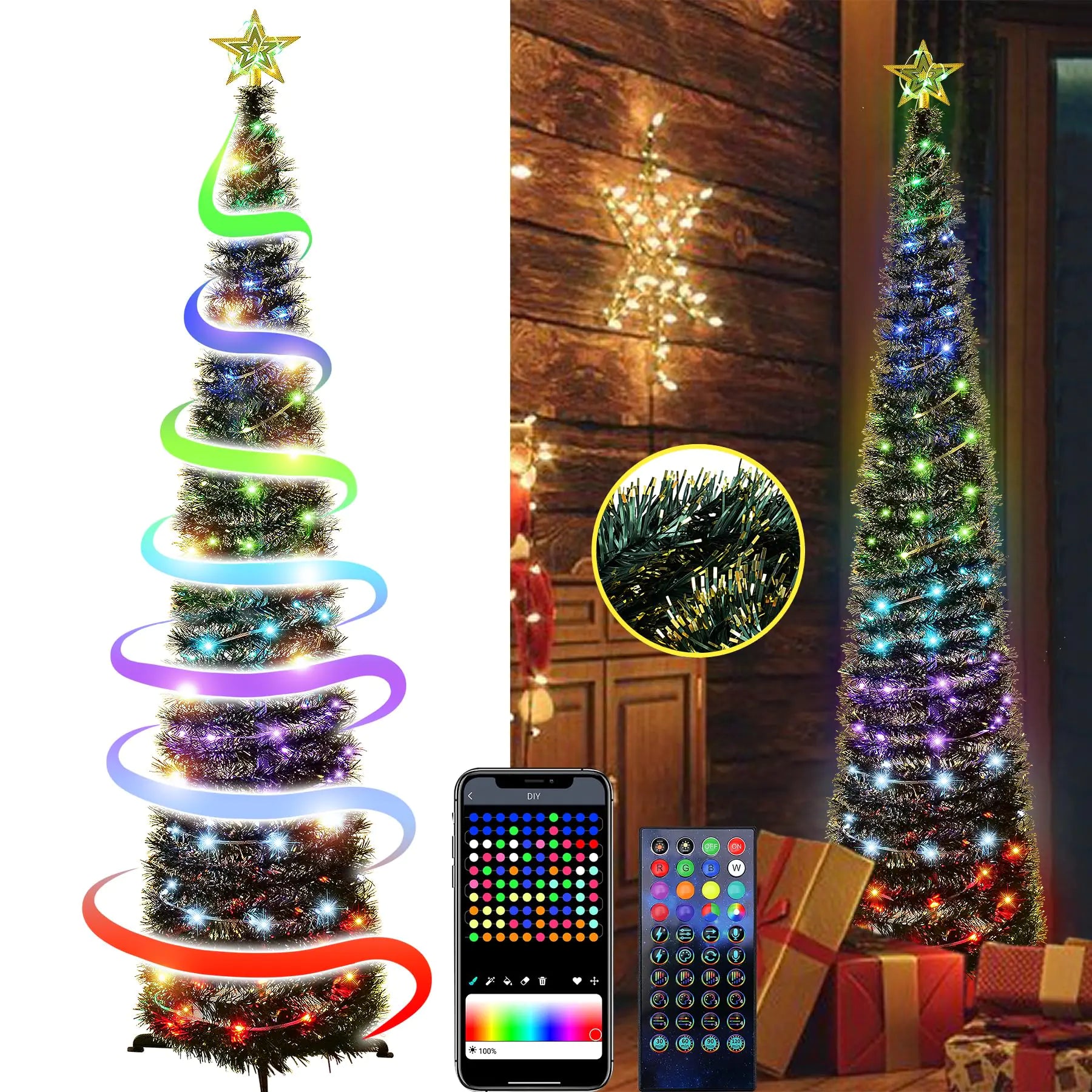 5Ft Pop Up Christmas Tinsel Tree with Multi-Color Timer LED Lights Collapsible Pencil Christmas Tree with Remote App-Controlled Artificial Christmas Tree for Home Shop Porch Valentines Day Decor