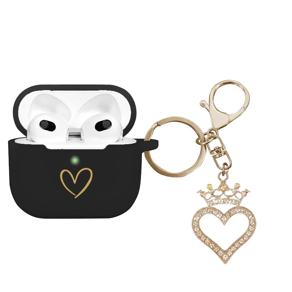 Elegant AirPods 3 Silicone Case with Gold Heart and Rhinestone Keychain