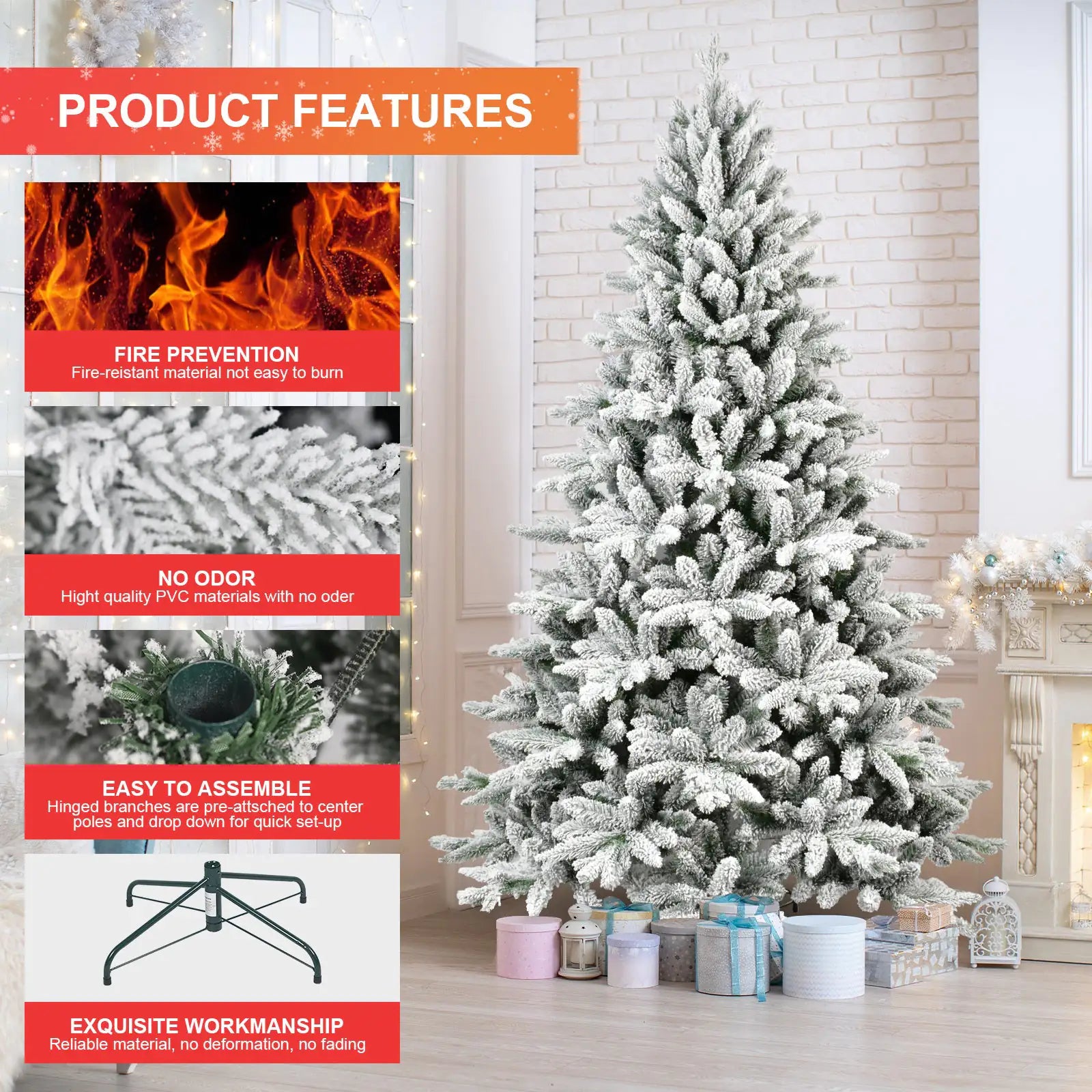 5-Foot PE & PVC Snow-Flocked Artificial Christmas Tree with Sturdy Metal Stand, 768 Branch Tips for Festive Home Decor