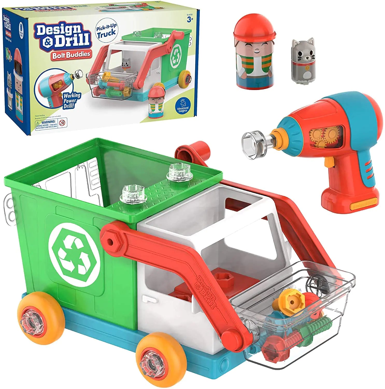 Educational Insights Design & Drill Bolt Buddies Recycling Truck Toy Take Apart Toy with Electric Drill Toy STEM Toy Gift for Boys & Girls Ages 3+