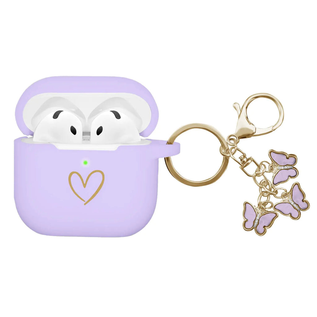 AIIEKZ Compatible with AirPods 4 Case Cover 2024 Soft Silicone Case with Gold Heart Pattern for AirPods 4th Generation Case with Cute Butterfly Keychain for Girls Women (Purple)