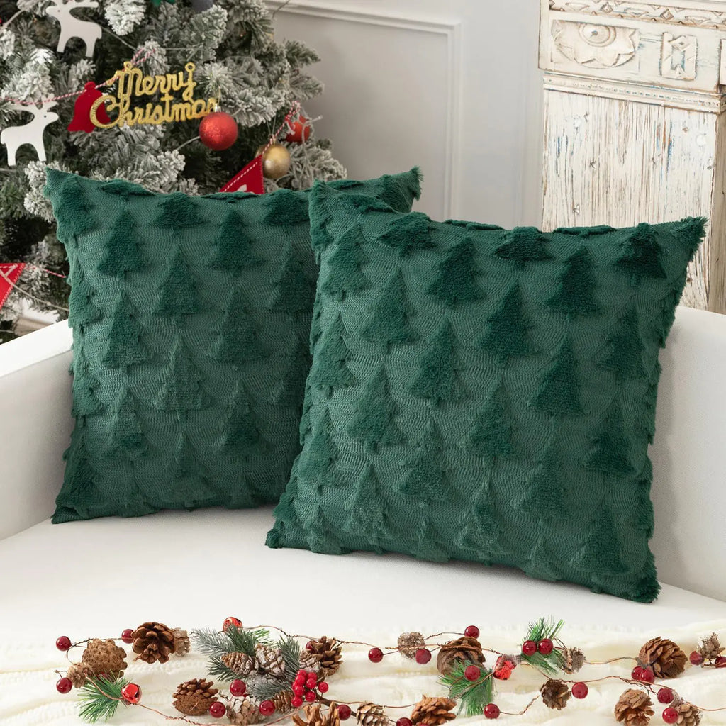 Verdant Christmas Tree Cushion Cover - 18x18 Inch Luxe Fur - Set of 2 Embroidered Velvet Cases